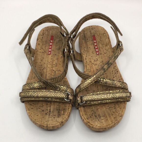 Prada snakeskin metallic and cork gold and tan sandals EU 36 - Picture 1 of 16